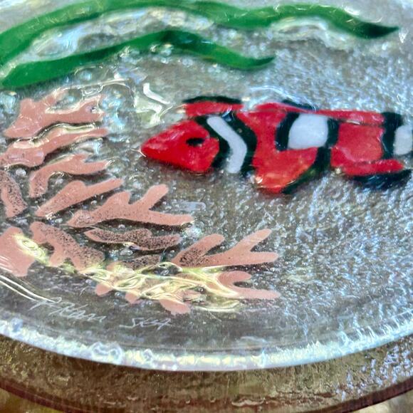 Vintage Retired Peggy Karr Fused Glass Tropical Fish Black Red Coral Reef  Plate - Picture 4 of 8